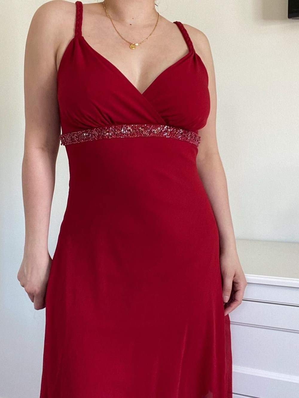 Red Evening midi Dress with Beaded Waist